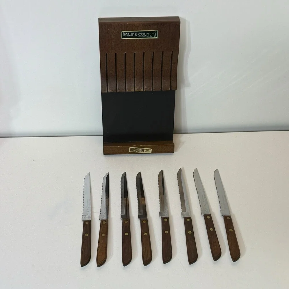 Town & Country Fleetwood Handle Set of 8 Steak Knives With Rack Vintage